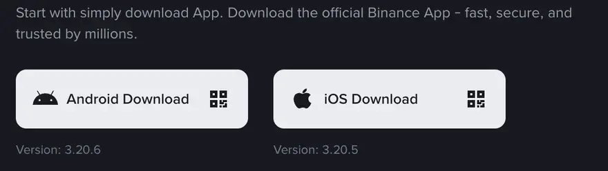 Top of Binance's official English download page: an Android Download button and an iOS Download button side by side, each with a QR code icon and a version number underneath
