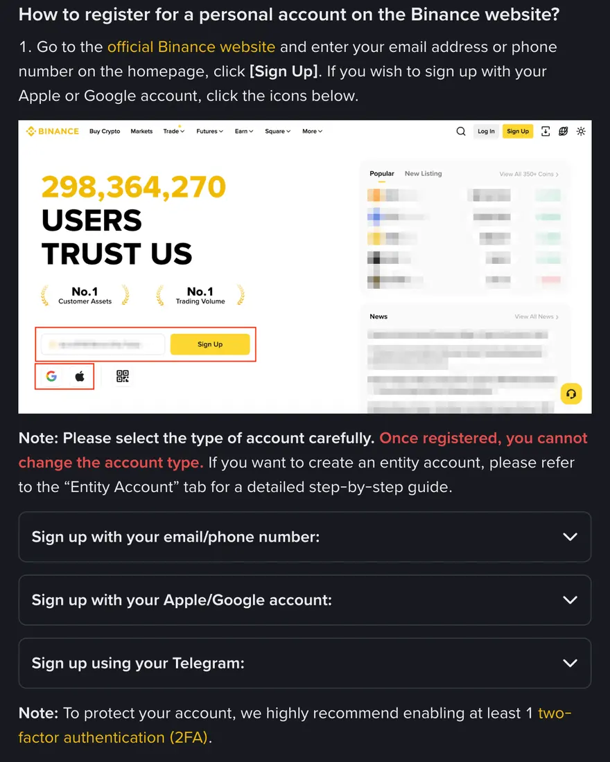 Binance Help Center walkthrough for website sign-up: the homepage email or phone box with the yellow Sign Up button boxed in red, Google and Apple icons boxed underneath, then three collapsed sections for email/phone, Apple/Google and Telegram sign-up