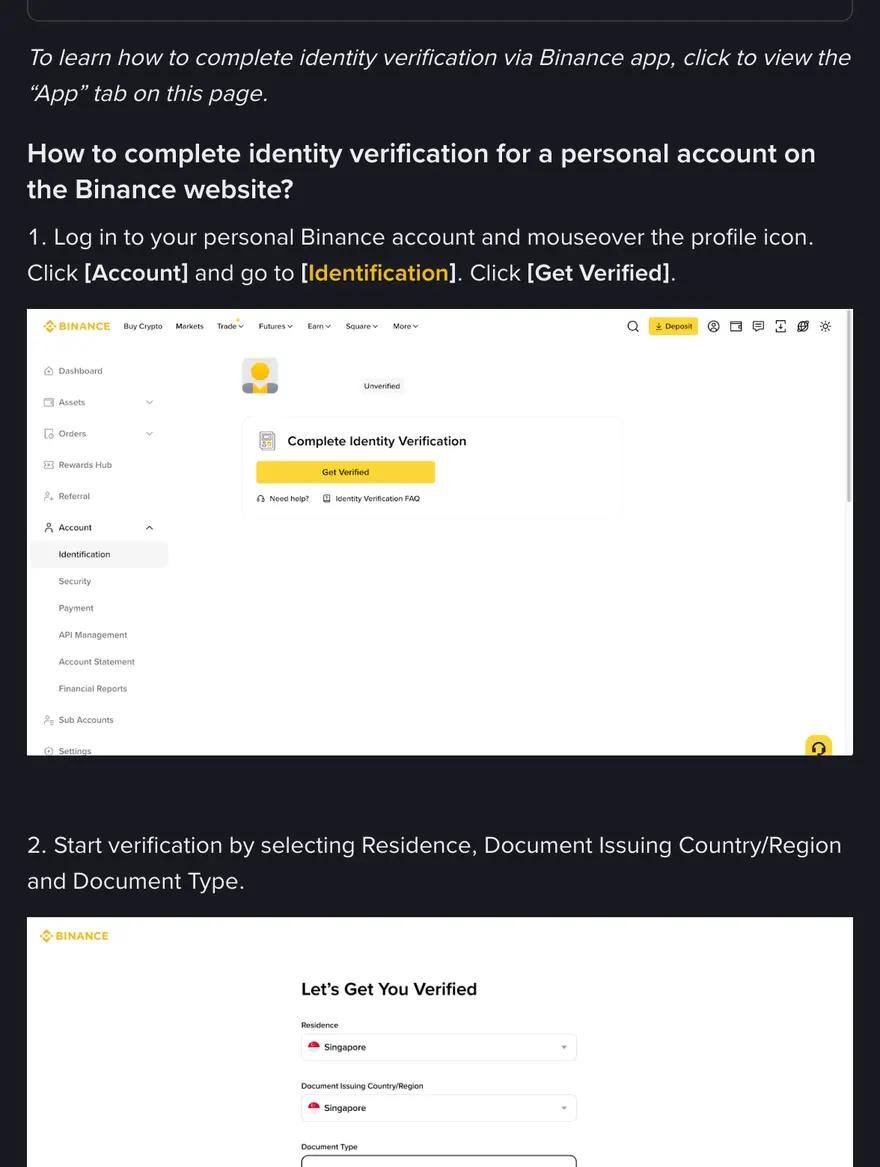 Binance Help Center steps for verifying a personal account on the website: step 1 with the dashboard, Identification selected and a yellow Get Verified button, then the Let's Get You Verified form asking for residence, issuing country and document type